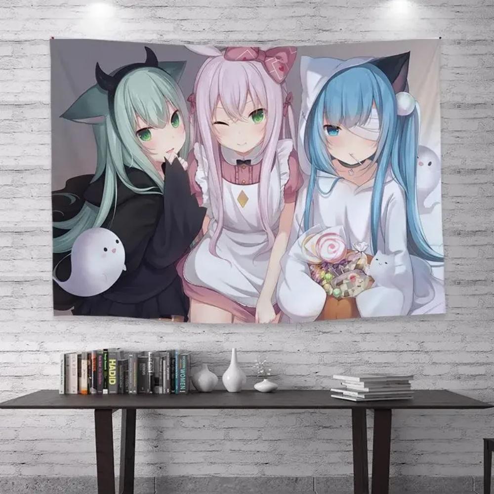 Kawaii Anime Girl Peeking Tapestry Light Blue Wall Hanging with Cute Chibi Cat Ideal for Pastel Otaku Bedroom Decor