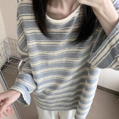 Striped Contrasting Color Crew Neck Long-sleeved Top Women's Autumn 2026 New Korean Lazy Style Loose and Thin Casual Blouse