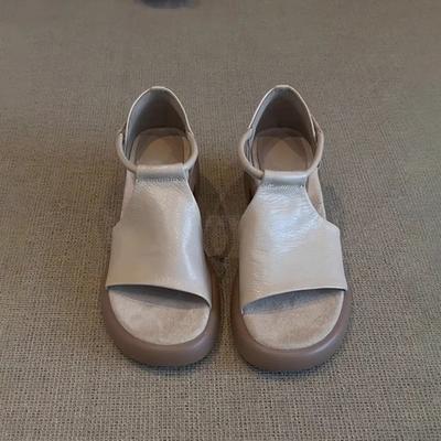Sheepskin Version~ French Retro Platform Thick Heel Leather Sandals Women's Summer Simple Velcro Commuter Open-toed Roman Shoes