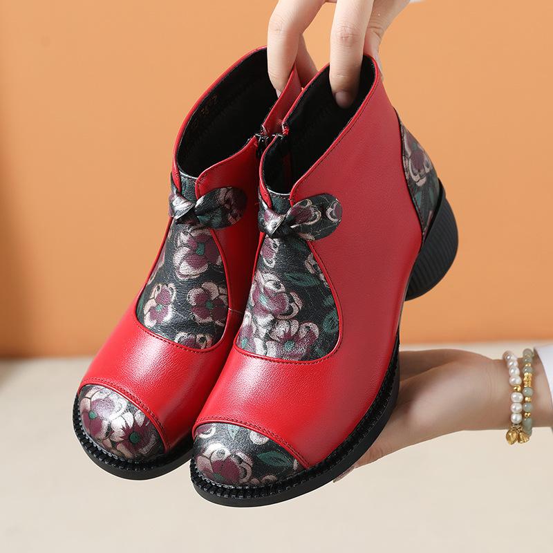 GKTINOO Ethnic Style Mother Shoes Genuine Leather Women's Short Boots  2025 Autumn Winter Round Toe Soft Sole Thick Heels Boots