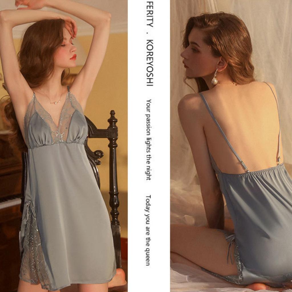 Comfortable Pajamas Solid Color Lace Pajamas Split Suspender Skirt Strap Robe Loungewear Set