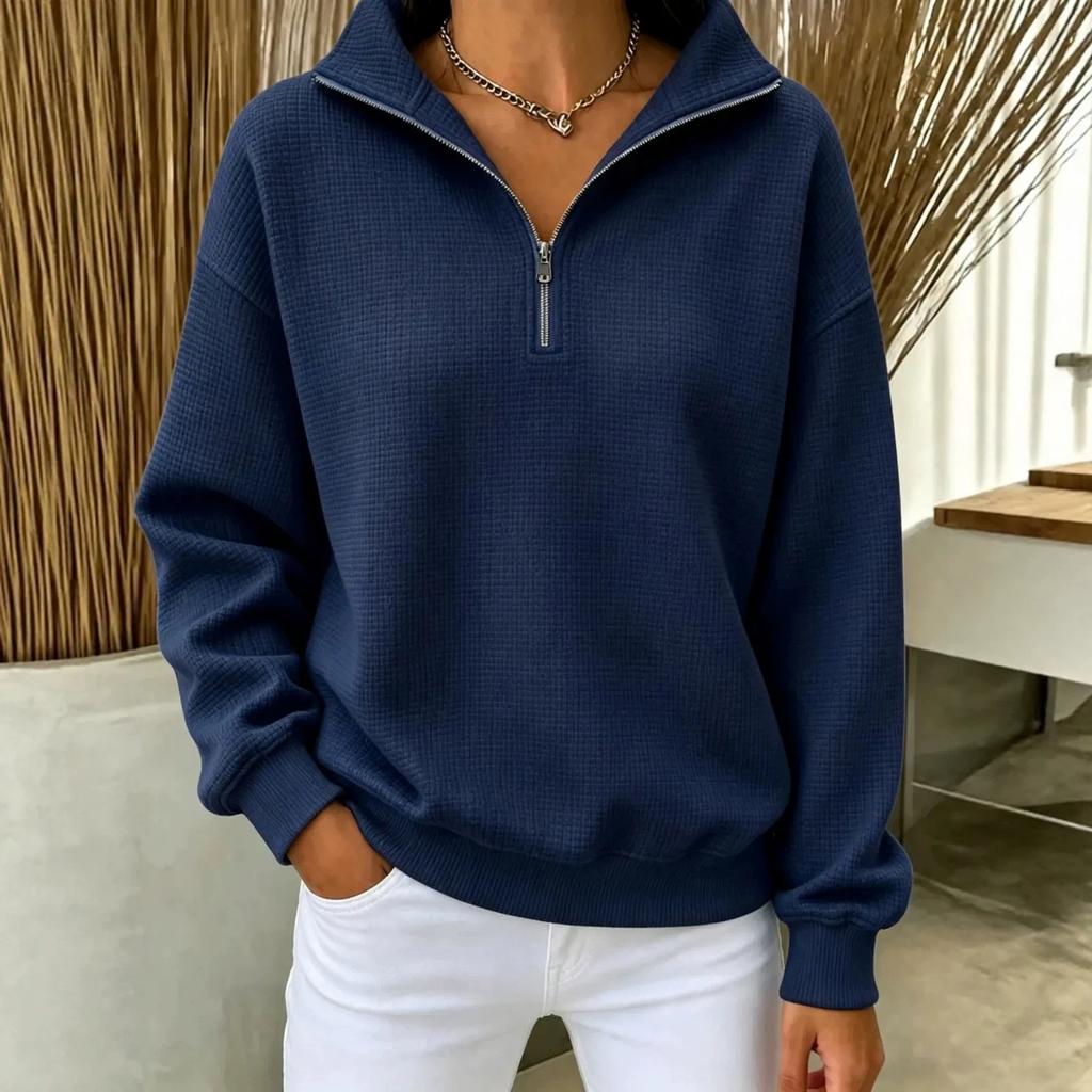 Women's Long Sleeve Zip-Up Sweatshirt with Stand Collar, Knit, Color, Loose Fit