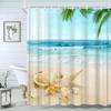 Starfish Beach Bath Shower Curtain Shells Rustic Wooden Planks Palm Trees Natural Landscape Printed Bath Curtains Bathroom Decor