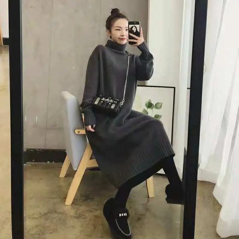 Sweter Jesień i Zima Luźny Pogrubiony Golf z Dółem Spódnica Średniej Długości Sweter Za Kolano