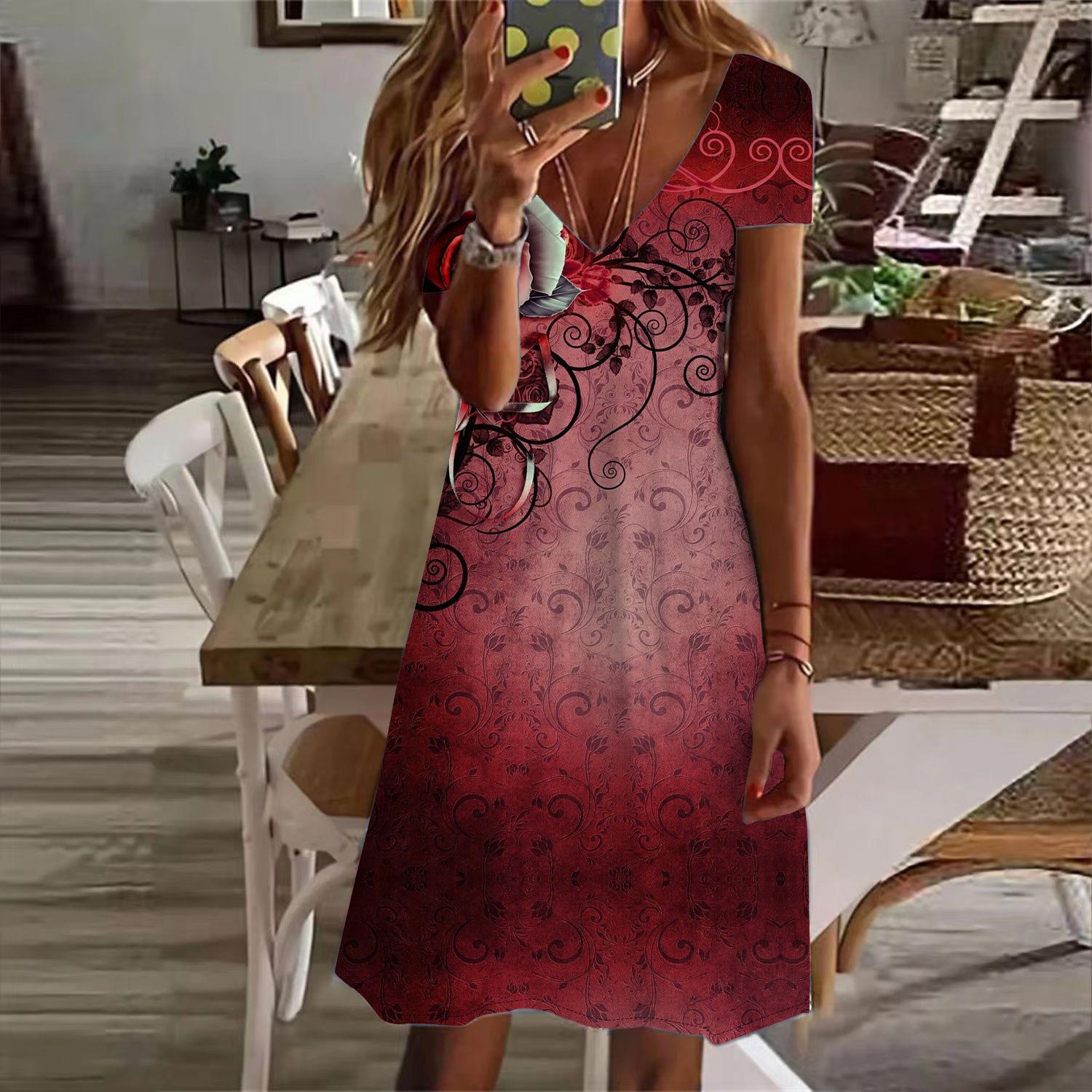 

Летняя мода женские V-образный вырез короткий рукав цветочный принт платье сексуальные короткие юбки платья 8XL красный