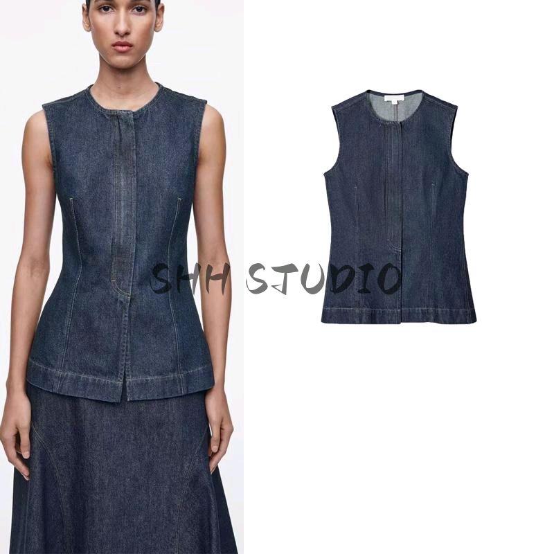 Spring New Women's Clothing French Design Slim Fit Round Neck Denim Sleeveless Tops Vest 1265155