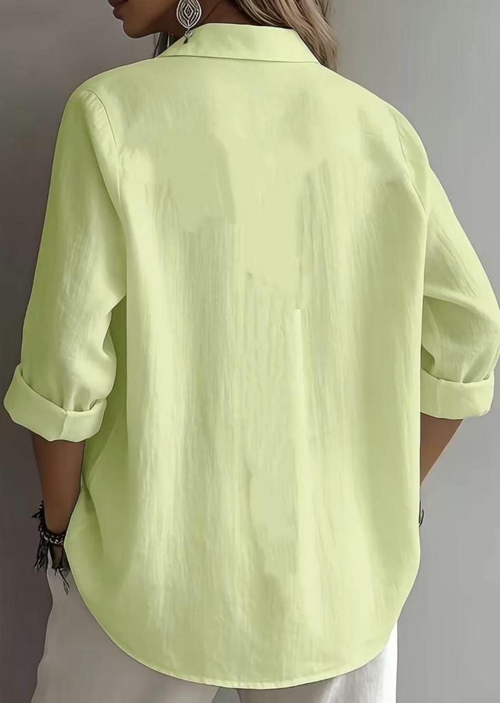 2026 European & American Women's Linen Casual Lapel Shirt - Solid Color, Long Sleeve, Spring Collection