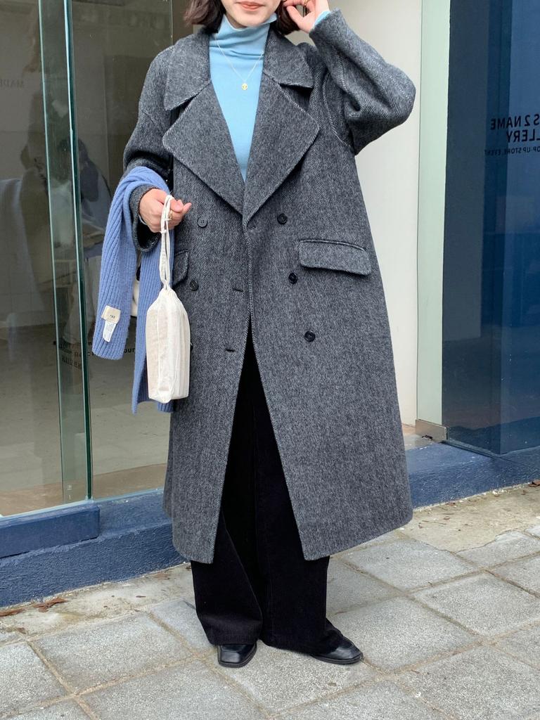 Classic double-breasted herringbone camel wool coat for women's loose and thin casual woolen coat