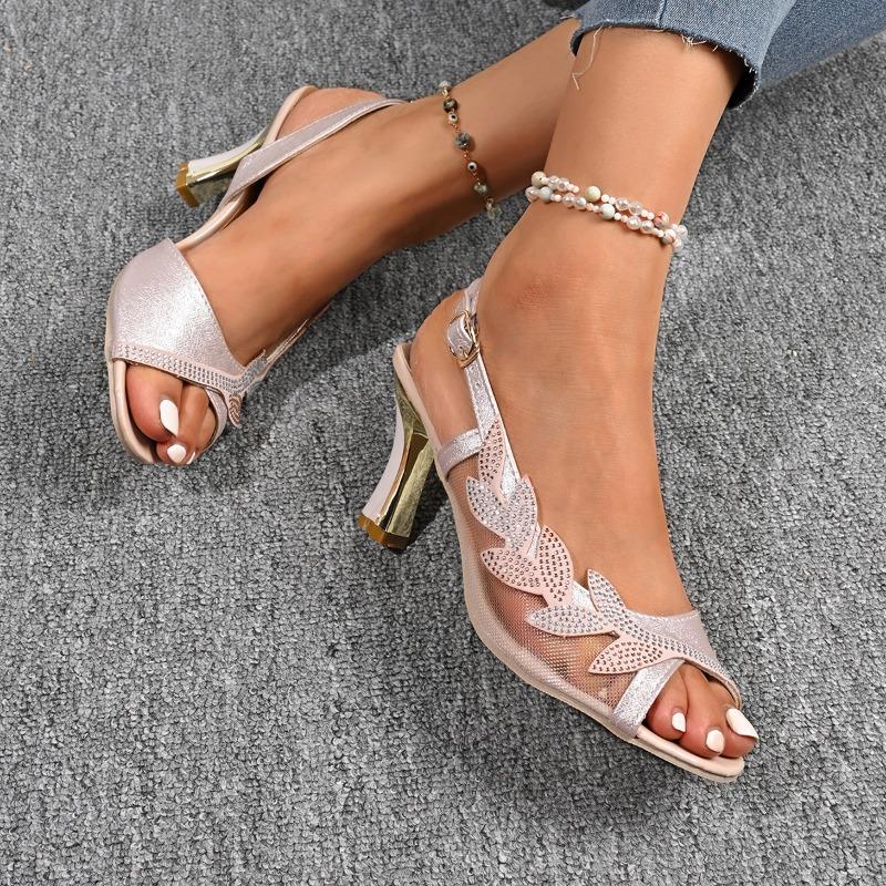 Fashion Women's Rhinestones Mesh High Heel Sandals Summer New Fashion Peep Toe Buckle Strap Slingback Shoes Sandalias Mujer Size 35-42