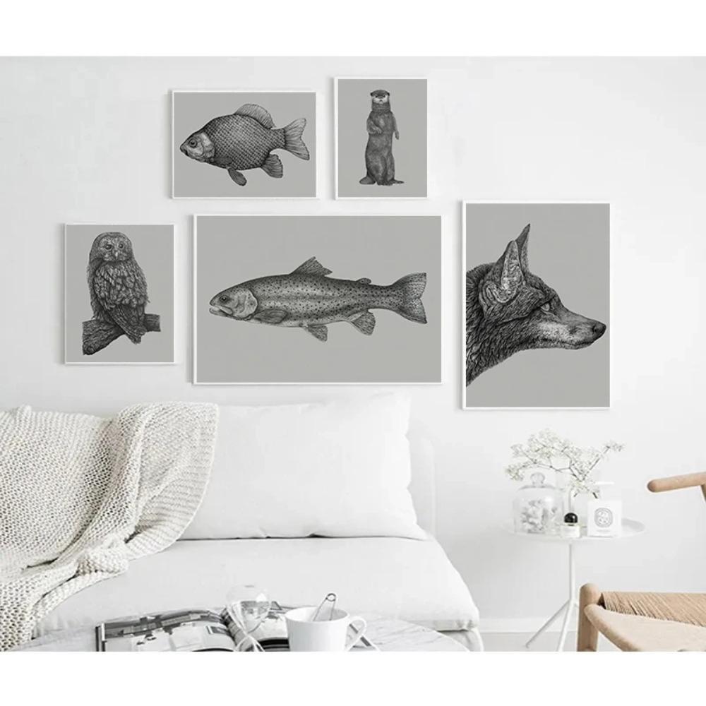 Minimalistisches Tier-Bleistiftskizze-Poster Karauschen-Eisvogel Kleine Eule Drucke Leinwandbild Wandbilder Heim Wohnzimmer Dekoration