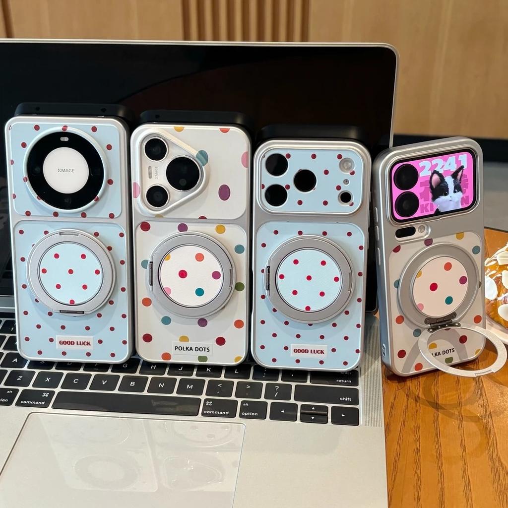 Applicable to iPhone17ProMax color polka dot mobile phone case rotating bracket magnetic suction Apple 16 anti-drop soft case 13