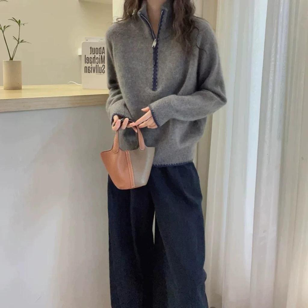 Lazy Style Contrasting Lace Half-Zip Stand Collar Knit Sweater: Versatile, Loose-Fit Autumn/Winter Pullover.