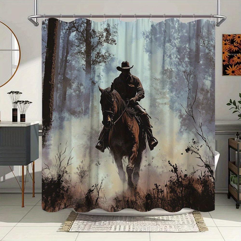 Шторка для душа в стиле вестерн - Одинокий всадник в туманном лесу, деревенская хижина и жилет из искусственной кожи, Цифровое искусство, Полиэстер W90xH180cm