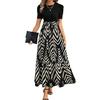 Rochie de vară cu gât rotund, mânecă scurtă, talie înaltă, rochie lungă cu aplicații, imprimeu cu frunze, tiv fluid, rochie maxi pentru purtare zilnică