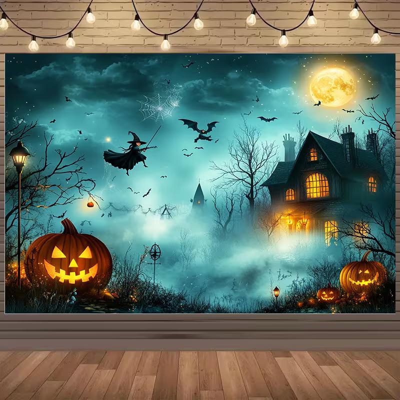 

2D Halloween Spooky Tapestry, Full Moon and Haunted Forest with Witch 47.2x31.5inch/120*80cm