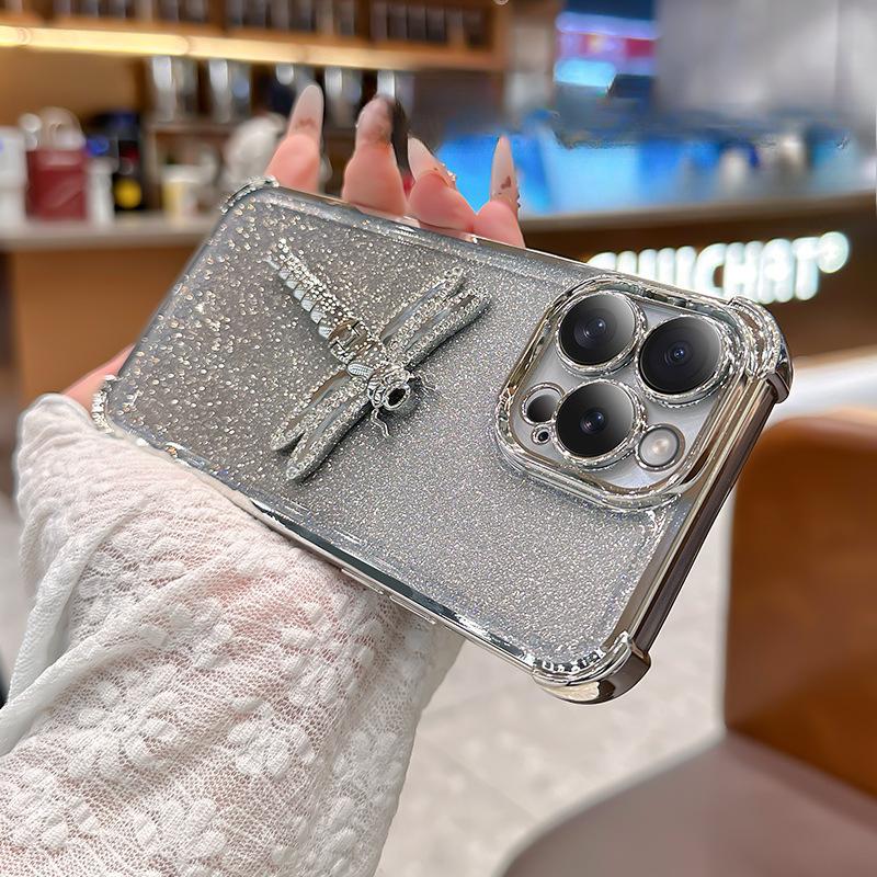 Applicable To Apple 16 Mobile Phone Case Gradient Glitter Dragonfly Bracket IPhone 15 Four Corner Electroplating Anti-fall Cover 14