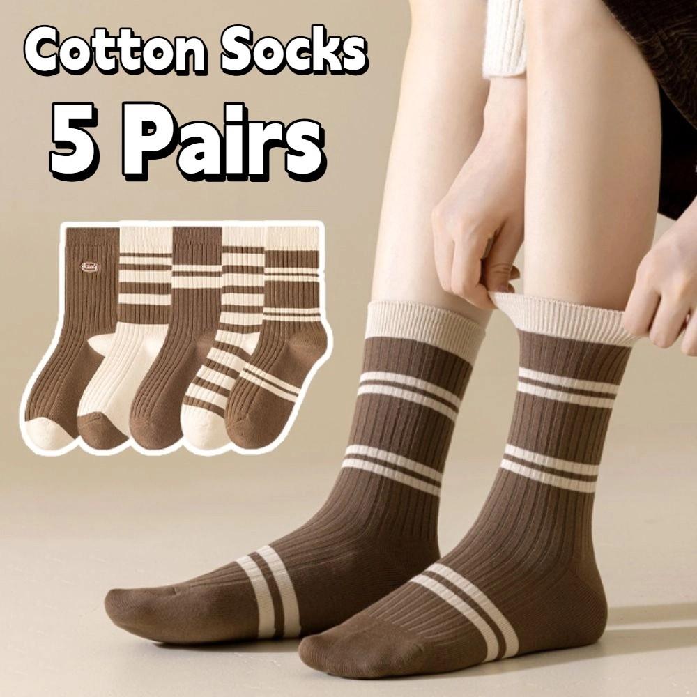 5Pairs Soft Women's Cotton Socks Breathable Mid-calf Socks Stripe Tube Socks  for Four Seasons