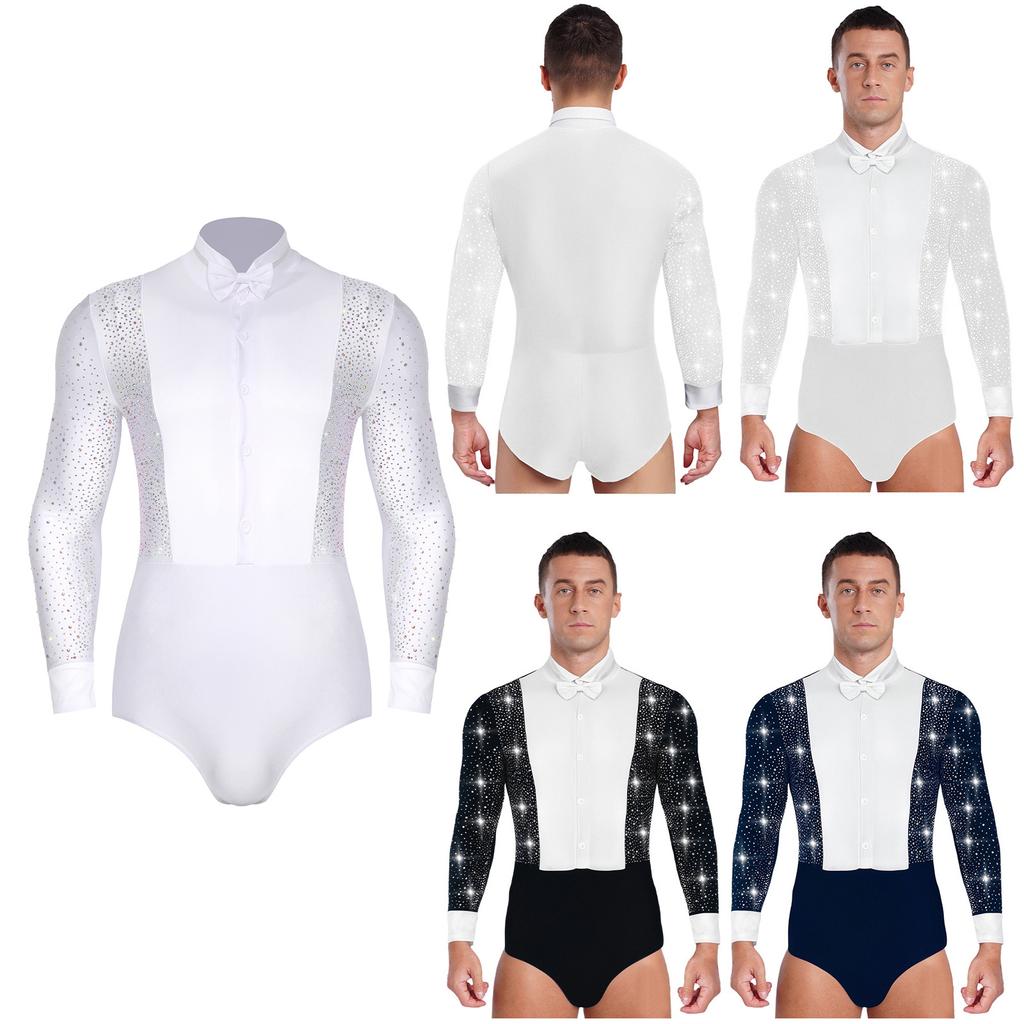 Mens Latin Rumba Ballroom Dance Leotard Long Sleeves Shiny Rhinestones Color Block Bodysuit with Bowtie