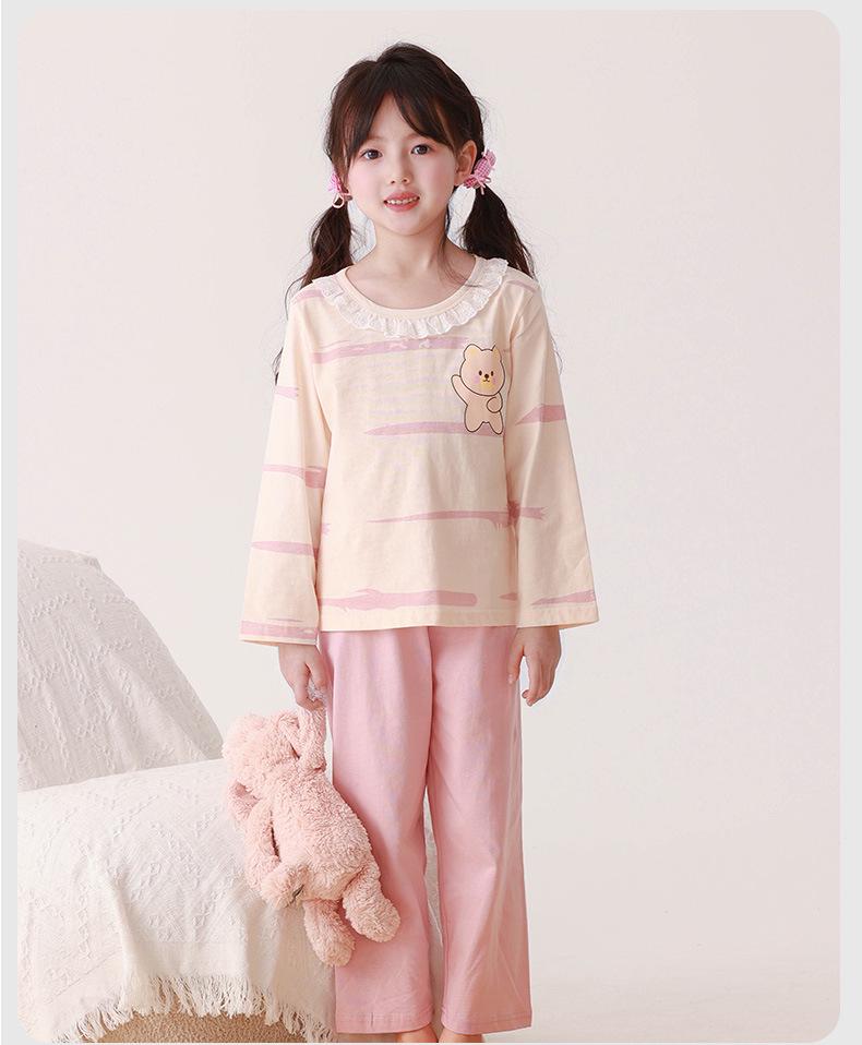 Girls' Summer Cotton Pajama Set - Long Sleeve & Pants, Antibacterial Homewear for Big Kids and Little Girls, Air Conditioning Suit.