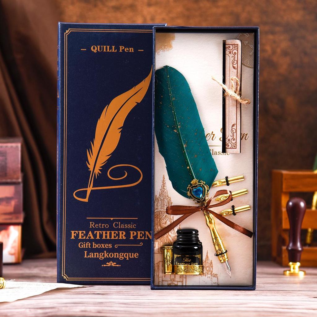 Blue Box Feather Gem Fountain Pen Gift Set: Original High-Value Calligraphy Practice Turkey Heart Dip Pen.