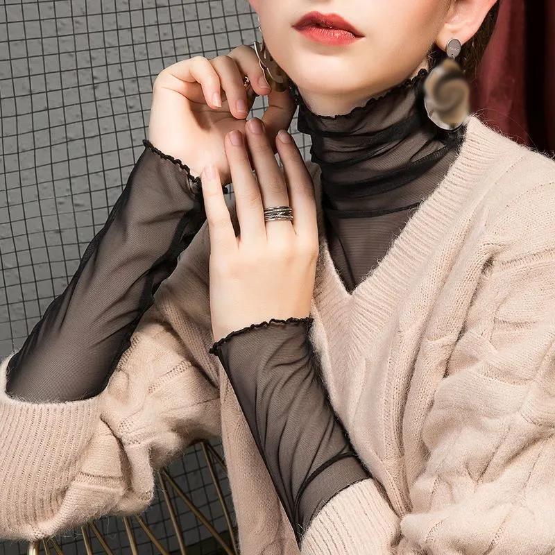 Sexy Women T Shirt See Through Transparent  Tops Long Sleeve Sheer Slim Ladies Turtleneck T-Shirt New Arrival Women Pullover