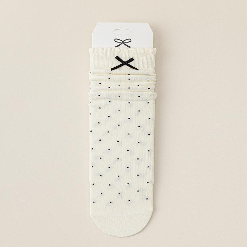 Women's Mid-calf Socks, Boneless Cotton Socks for Spring and Autumn, Polka Dot Lace Bow Long Socks, Polka Dot Versatile Socks, Pile Socks