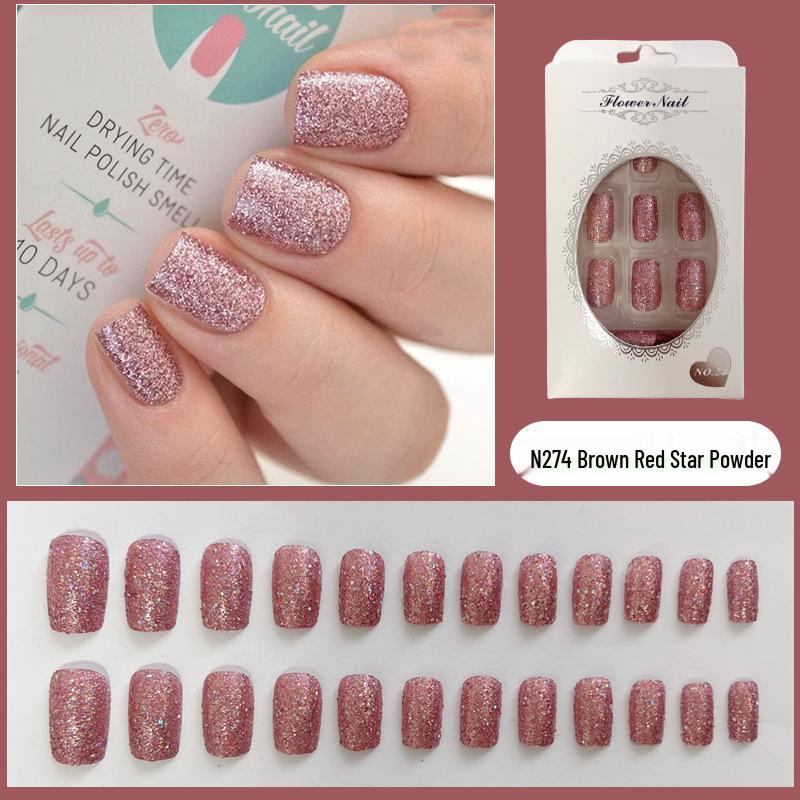 

24 шт. Средне-длинные съемные накладные ногти с пудрой в виде звезд N274 Brown Red Star Powder [Glue Version]