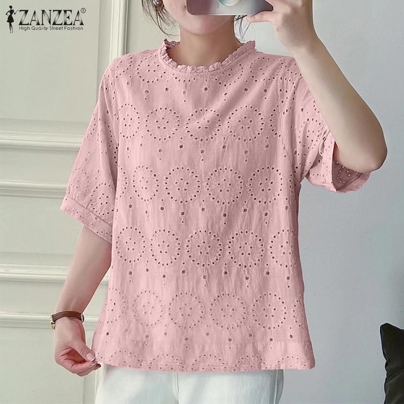 

ZANZEA Женская повседневная свободная блузка с круглым вырезом и половиной рукавов