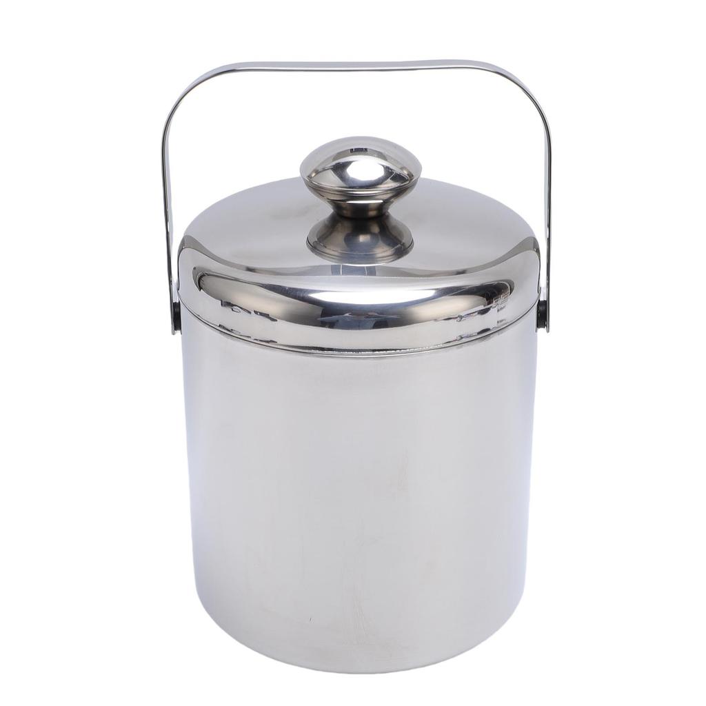Ice Bucket 1.3L 304 Stainless Steel Double Wall Insulated Ice Cube Bucket with Tongs Strainer Lid for Red Wine Cocktail