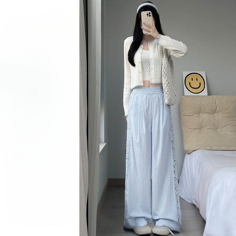 

Широкие брюки с кружевной отделкой для женщин на весну и лето, новый дизайн с высокой талией, свободные и узкие повседневные брюки из ледяного шелка XL