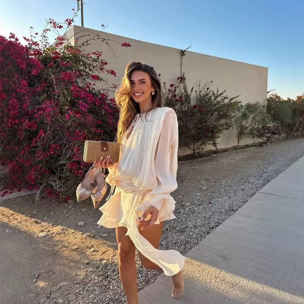 Solide Patchwork Schnürkleider für Damen O-Ausschnitt Langarm Hohe Taille Gespleißte Falten Temperament Kleid Damenmode