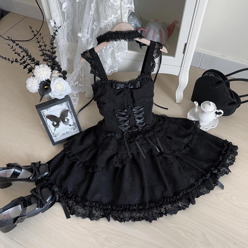 Toku en Yuu Lolita JSK Gothic Lolita Mori Girl Jumperrok met Kant Gevlochten Mini Gothic Prinses Schattig Lint Mori Girl Schoolfeest Jurk,