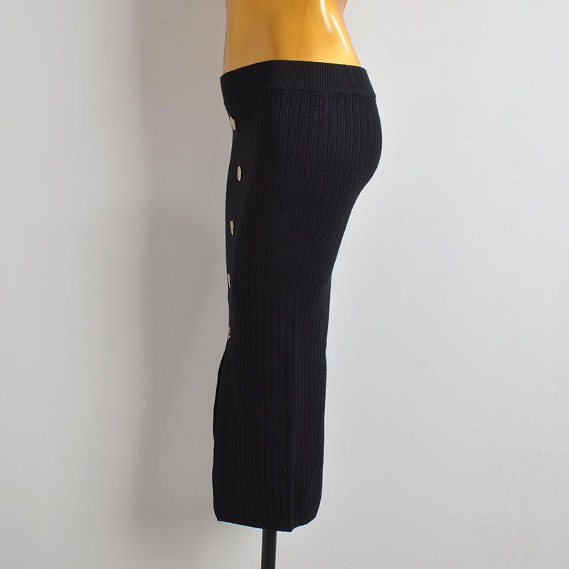 French Simplicity New Arrival Metal Buckle Knitting Skirt Women's Clothing Spring & Fall Elastic Waist High Hip Split Straight Skirt