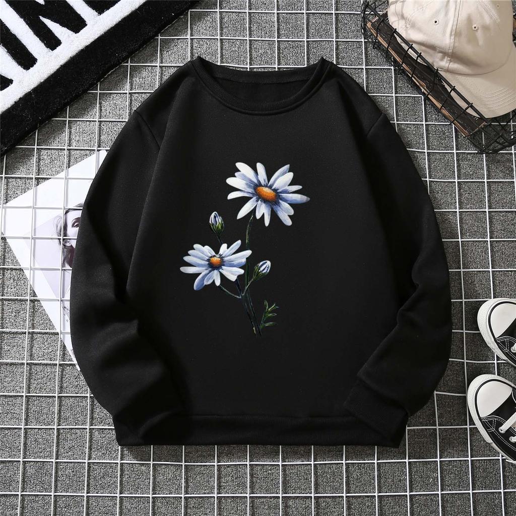 Women's Autumn Flower Print Round Neck Hoodie Ladies Oversized Casual Long Sleeved Pullover Tops