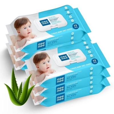 Mee Mee Jemné vlhčené utierky pre bábätká (72 utierok) Balenie 6 kusov | Obohatené o Aloe Vera a vitamín E | Bez parabénov a sulfátov