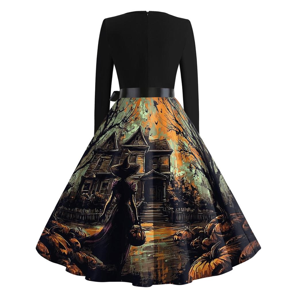 Women's Casual Fashion Round Neck Halloween Printed Vintage Dress