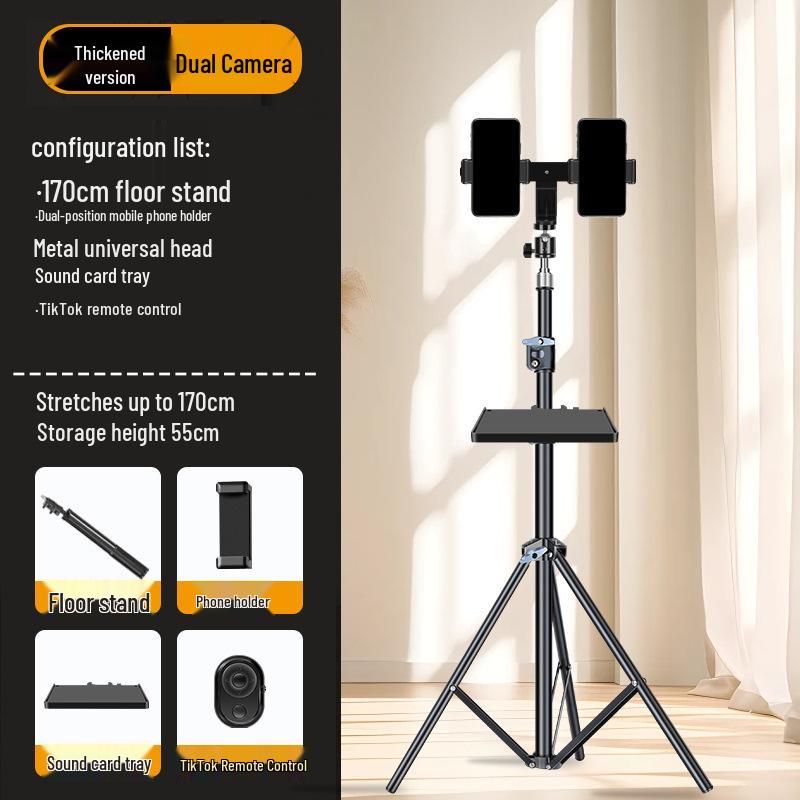 Dual-Position Carbon Steel Phone Stand with Fill Light for Outdoor Streaming