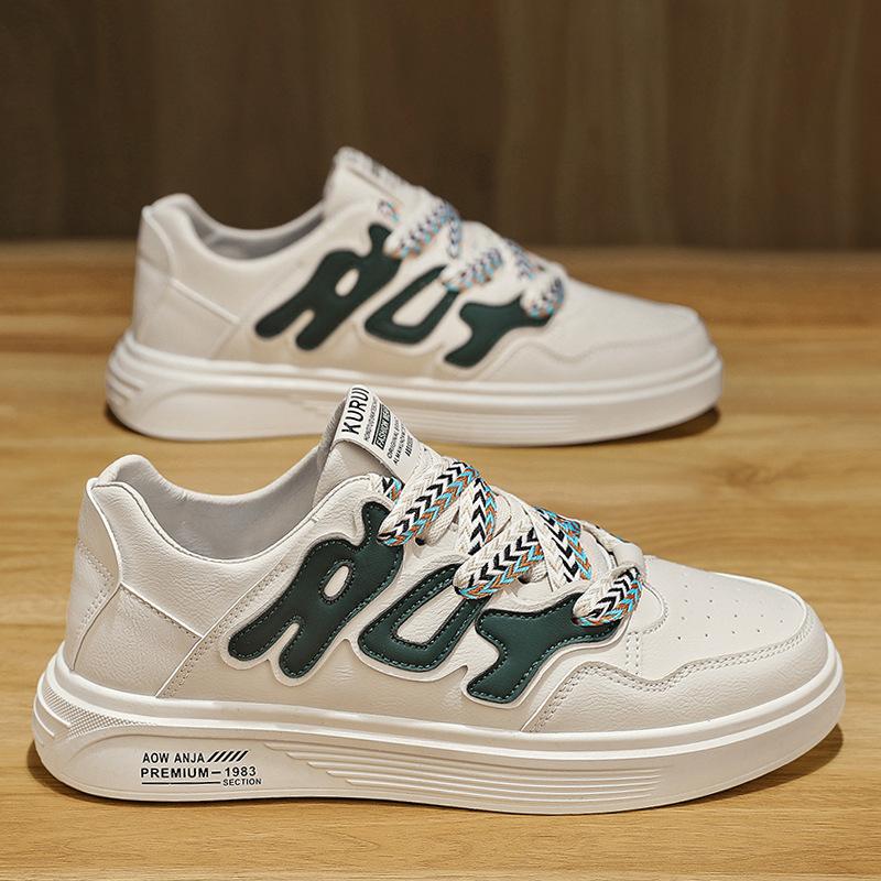 Sports Leather Surface Contrasting Color Breathable Flat Men'S Shoes Low-Top Lace-Up Daily Leisure Work Board Shoes