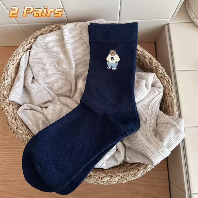

2/5 Pairs Good Quality Cartoon Cute Bear Striped Mid-Calf Socks Women S Versatile Cotton Warmer Breathable Socks Christmas Gifts