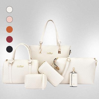 New Mother and Child Women's Bags Solid Color PU Six-piece Set Woven Large-capacity Simple Portable Shoulder Bag Crossbody Fashion