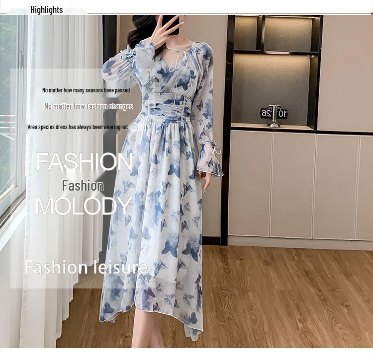 French Tea Break Blue Dress: Waist-Slimming Korean Style with Ruffle Sleeves, Perfect for Vacations