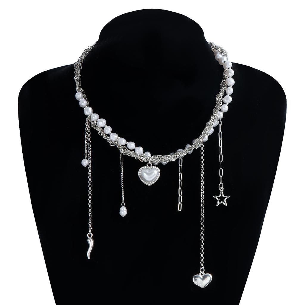 Multi-layer Heart-shaped Fringed Pearl Neck Chain Necklace Vintage Star Pendant Collarbone Chain