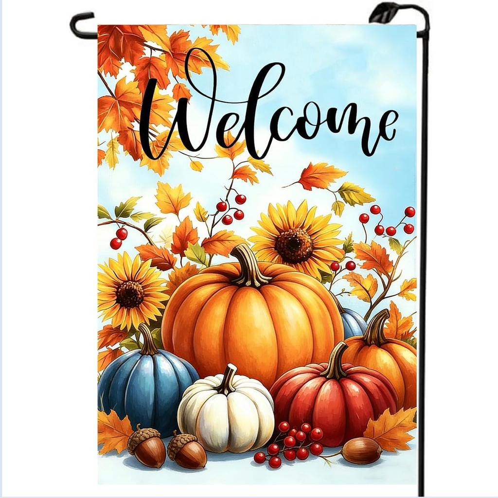 Fall Welcome Garden Ags for Outside 12x18 Double Sided, Burlap Autumn Thanksgiving Colorful Pumpkin Sunowers Seasonal Ga