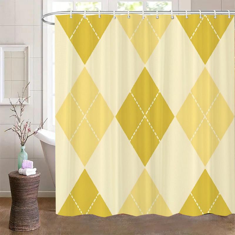 

Yellow Diamond-Patterned Shower Curtain, Polyester Fabric, Machine Washable, With Hooks, Suitable For Bathroom Decoration. W60H190(CM)-1 Pcs