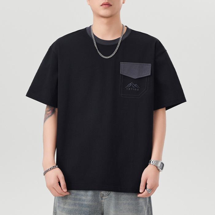 New Summer Heavy Round Neck Pocket Short-sleeved T-shirt for Men Loose Five-point Sleeve Japanese Retro
