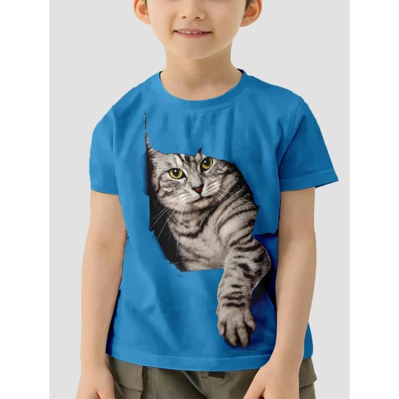 Summer Round Neck 3D Cat Pattern Printed Top Fashionable and Casual Short Sleeved Children's Boy T-shirts