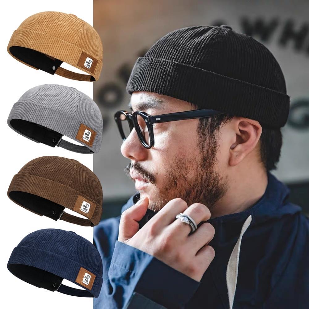 Retro Corduroy Brimless Docker Cap Men Women Landlord Hat Solid Color Streetwear Hip Hop Hats Adjustable Beanie Dome Hats Unisex