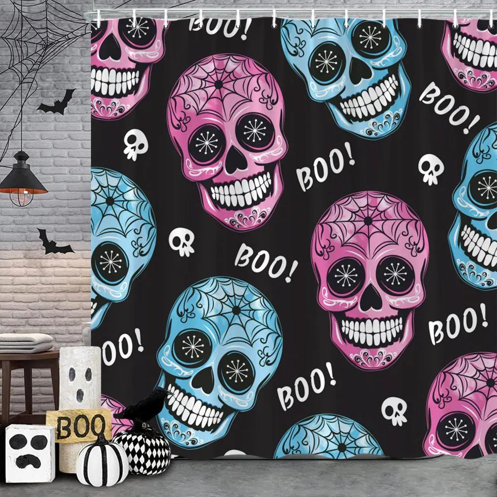 Spooky Horror Halloween Skeleton Crow Shower Curtain Black Bat Black Cat Polyester Fabric Bath Curtain Bathroom Decor With Hoo