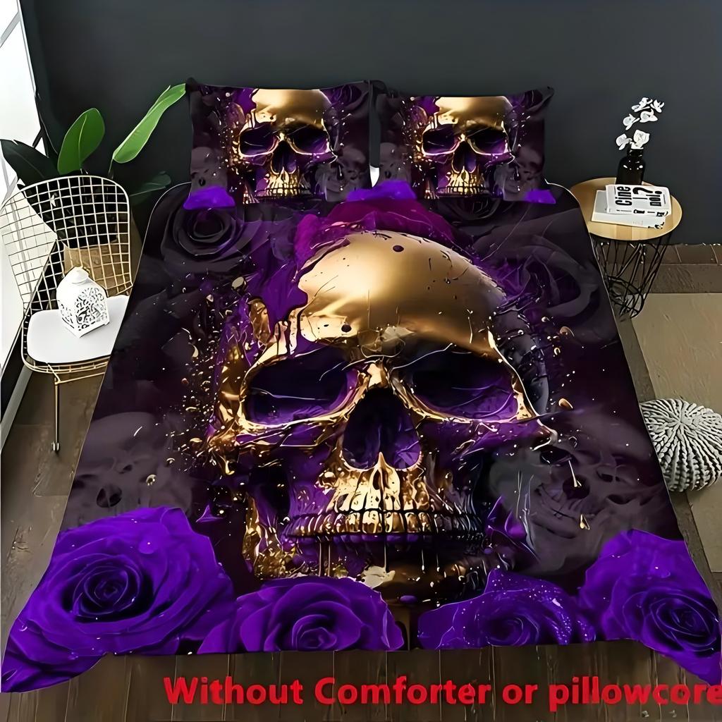 Violette Rose Goldenes Totenkopfmuster 3D-Druck Bettbezug Halloween Gothic Stil Bettwäsche-Set mit Kissenbezug Polyester Steppdeckenbezug