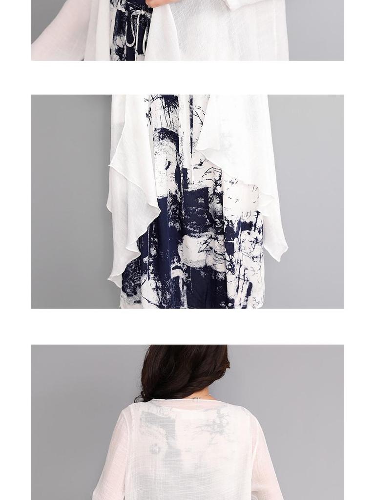 Summer Ethnic Ink Print Dress & Cardigan Set